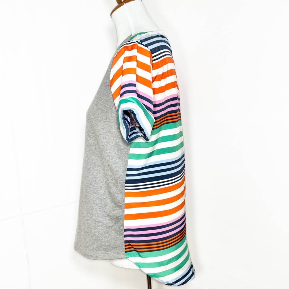 Anthropologie Mixed Media Colorful Stripe Gray Short Sleeve Knit Top - Picture 7 of 10